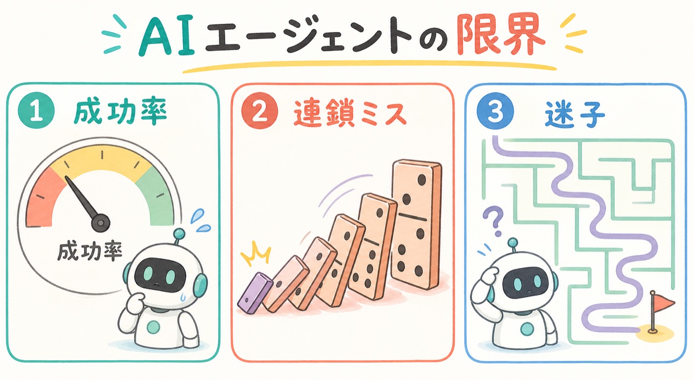 AIエージェントの限界。成功率のゲージ、ミスの連鎖、迷子になるロボットの3パネル