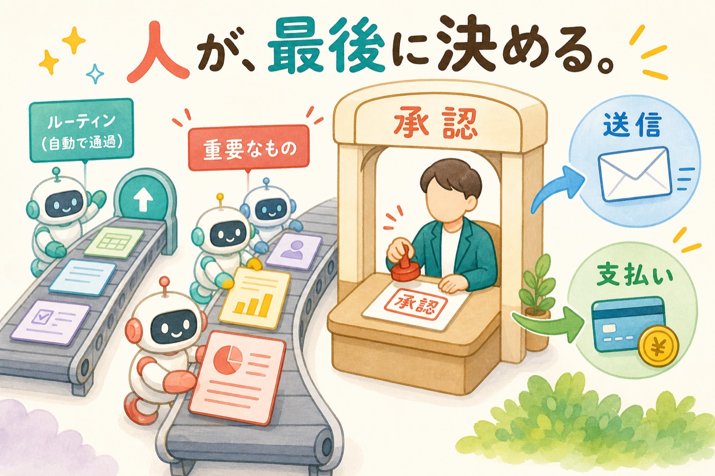 人間の承認ポイント。ロボットが用意した書類を、送信や支払いの前に人間が承認する関所の図