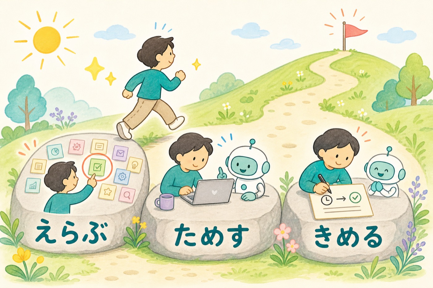 今週の3ステップ。1つ選ぶ、無料で試す、承認ルールを決める